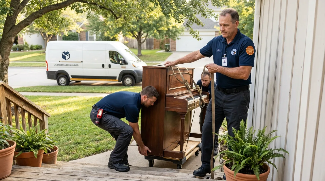 Licensed piano movers securing grand piano in Abbeville, AL