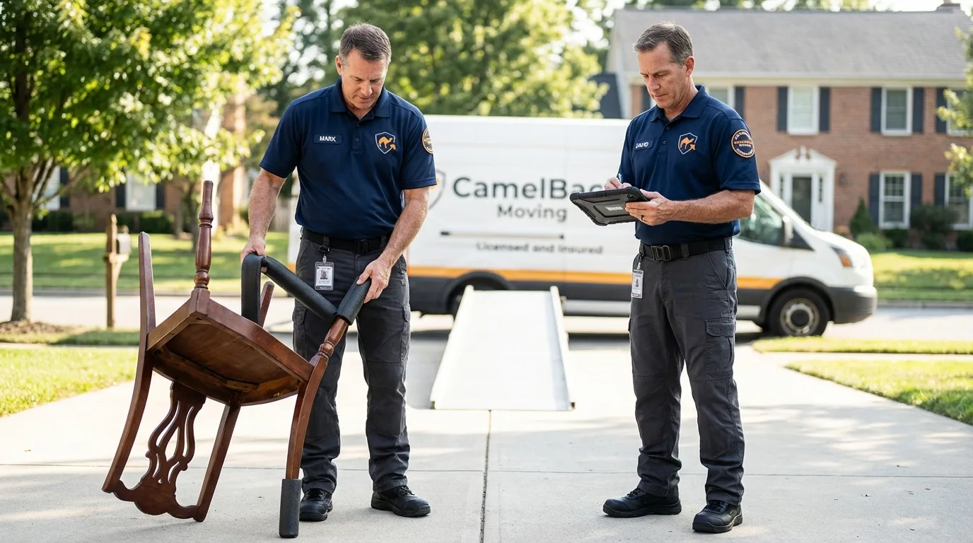 Movers inspecting furniture for damage prevention before loading in Abbeville, AL