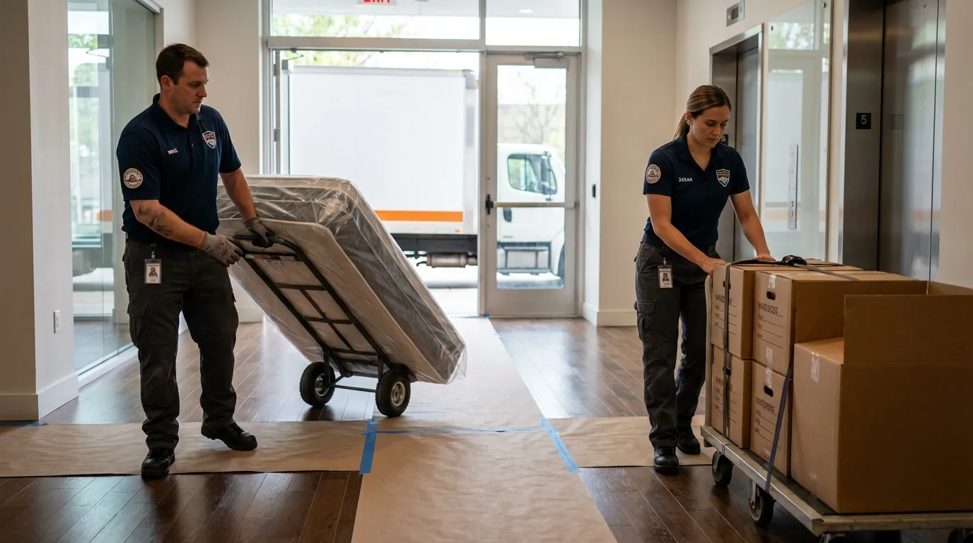 Professional apartment movers loading elevator in Abbeville, AL